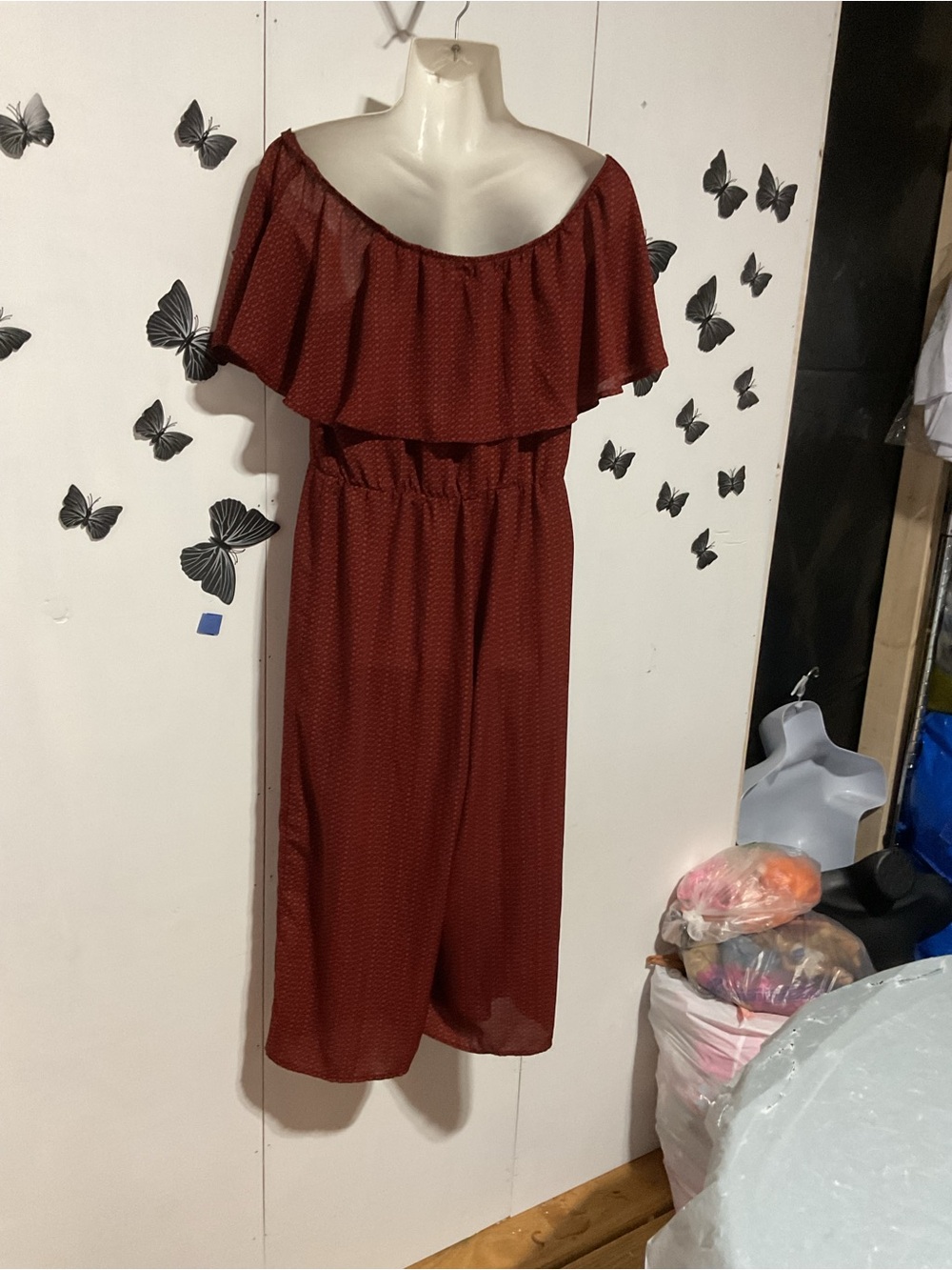 Off-Shoulder Ruffle Midi Dress in Deep Red
